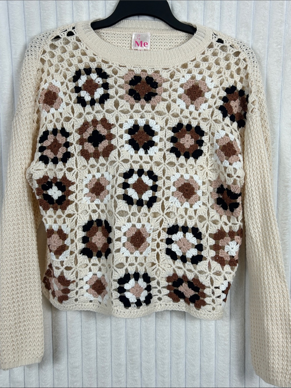 So ME granny square Crochet patchwork crewneck Sweater L